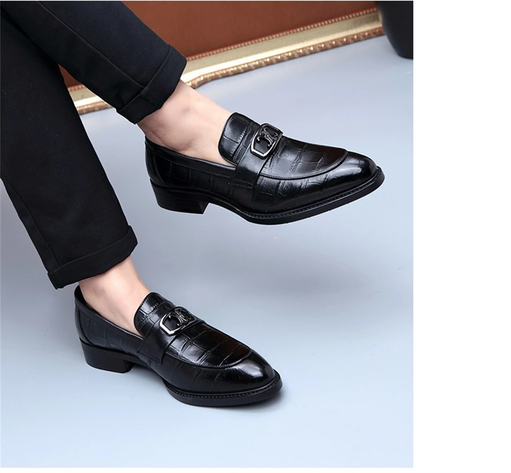 

Men's Black/Wine Red Croc Embossed Loafers, Slip-On Style, Metal Buckle Detail, Polished Matte Leather Upper, Formal Dress Shoes