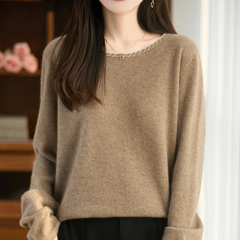 

M-XL New pullover women's O-neck 100% wool sweater long sleeved knitted soft and comfortable for spring and autumn solid color