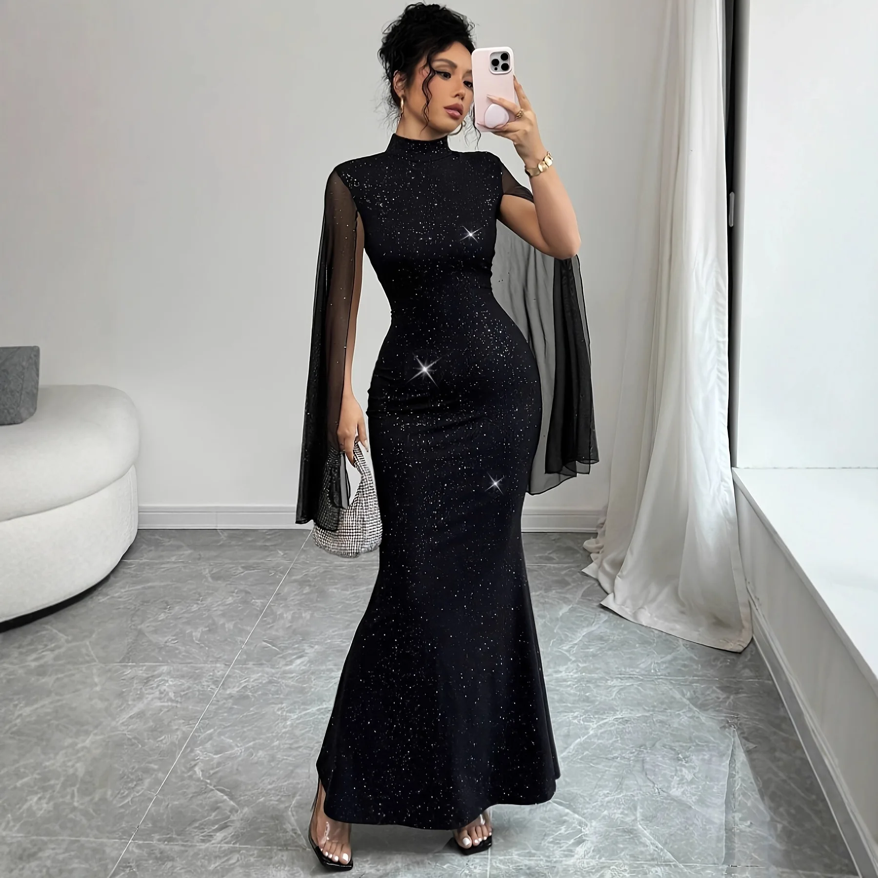 Women's 2026 New Spring And Autumn Stand Collar Shiny Cape Dress With Waist-cinching And Hip-hugging Design For Elegant Evening