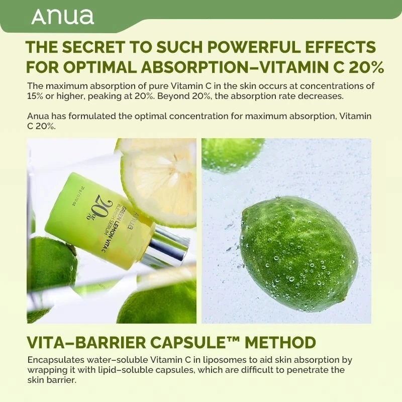 Anua Green Lemon Vitamin C Serum with Vitamin E, Face Serum, Hyaluronic Acid and Ferulic Acid 20ml Nourishing Skincare