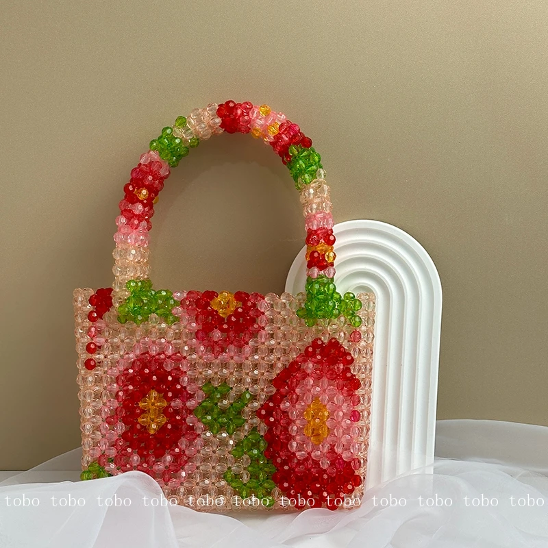 Pearl Beaded Bag with Flower Pattern Designer Brand Summer Fashion Handmade Party Purse Clear Acrylic Stone Box Tote Handbag