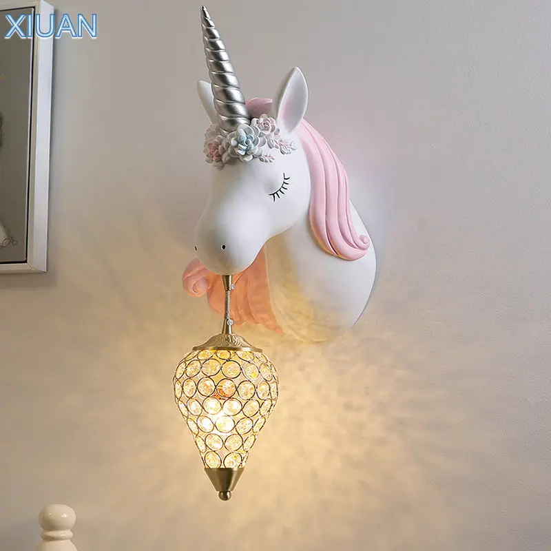 Cartoon Kids Baby Wall Hanging Light LED Resin Unicorn Lamp AC220V Blue Pink Wall Lamp for Princess Girl Bedroom Decoration