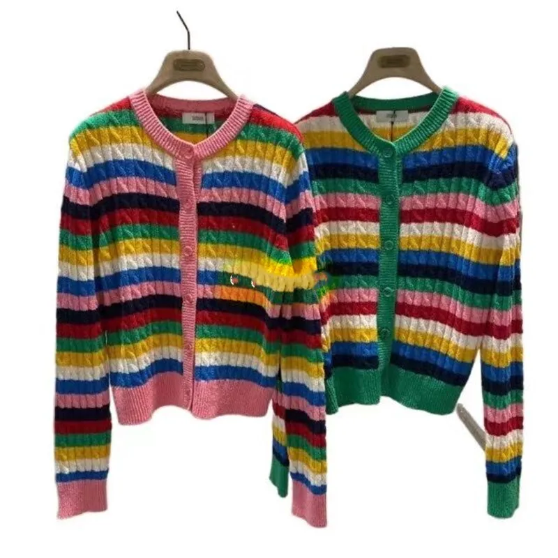 2024 New Women's Sweater Rainbow Striped Long Sleeve O-neck Cardigan Slim Fit Knitted Outcoat Fashion Trend Girl's Jumper Tops