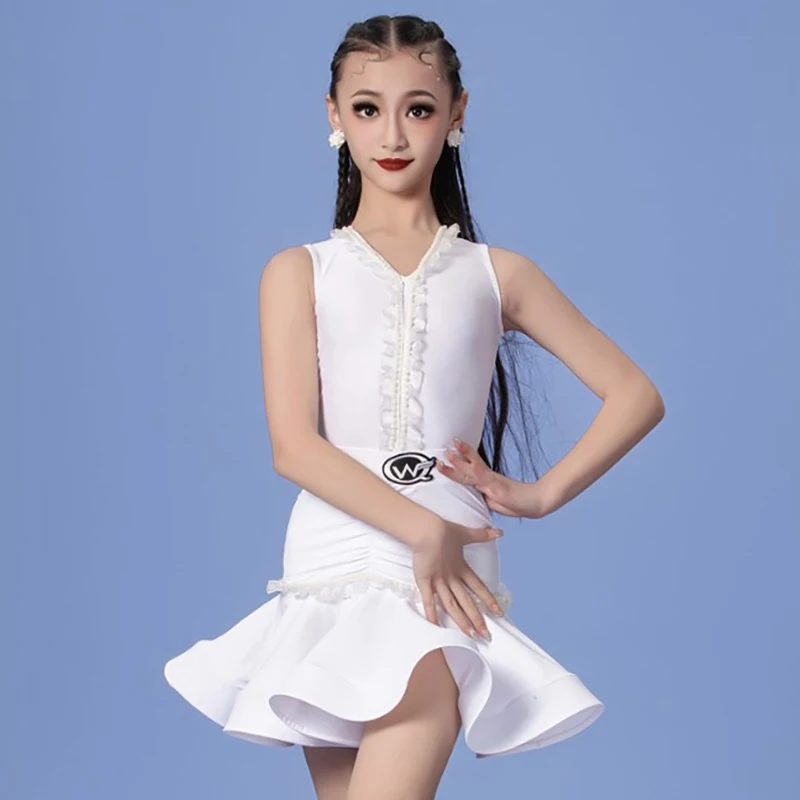 

Latin Dance White Children Performance Costume Kids Girls Professional Ruffles Bodysuit and Fishbone Skirt Competition Dancewear