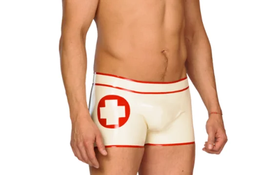 

100%Pure Latex Rubber White&Red Boxer Low waist Shorts/Pants Tight 0.4mm S-XXL