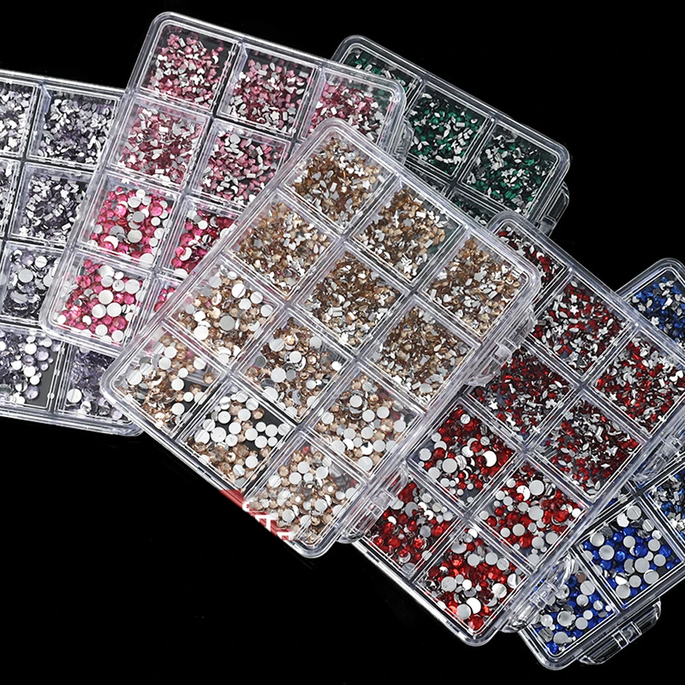 Kit de 12 rejillas de resina mixta para uñas, diamantes de imitación de cristal con parte posterior plana, joyas para uñas con recogedor de lápiz, pinzas, manualidades de manicura