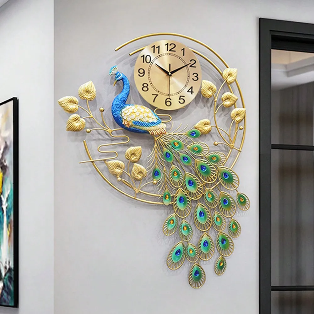 

36.6" Luxury Peacock Large Wall Clock 3D Metal Living Room Wall Watch Decor USA