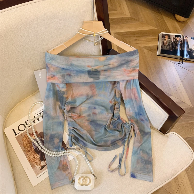 

American Style Long Sleeve T-Shirt Women's Summer New Fashion Drawstring Short Top Spicy Girl Dyeing Shoulder Baring Top