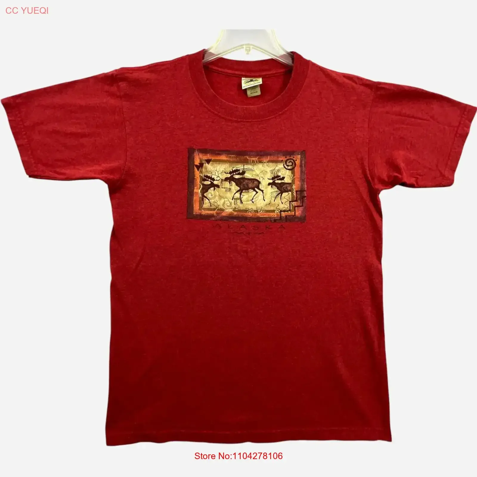 Camiseta Vintage Alaska para Hombre, Talla Mediana, Diseño de Alce Rojo, Estilo Outdoor y Natural, USA, Lavada, Elástica, Unisex, Versátil, Transpirable