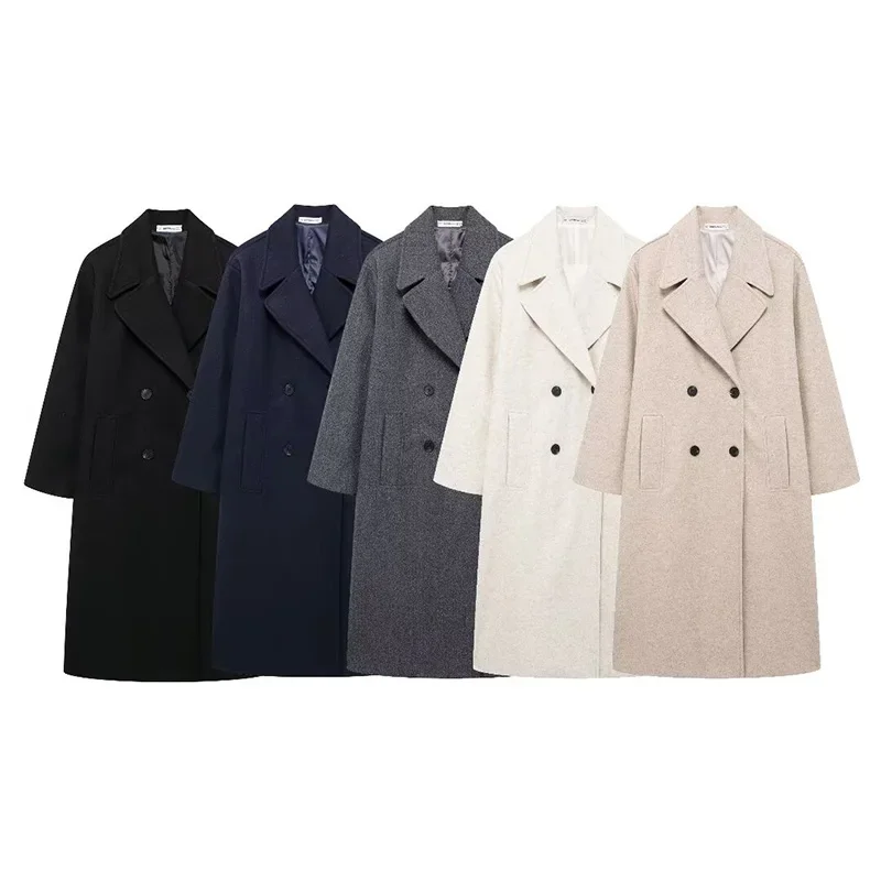 Women Fashion Solid Double Breasted Long Trench Coats Vintage Lapel Neck Full Sleeves Female Chic Lady Outfits