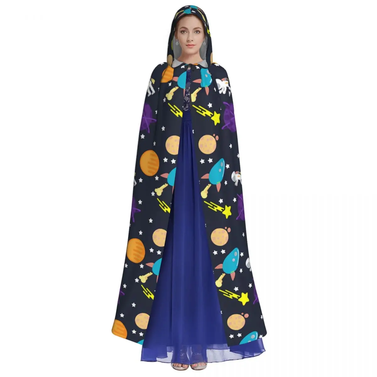 Adult Cosmic Rocket Astronauts Planets Cloak Cape Hooded Medieval Costume Witch Wicca Vampire Halloween Costume Dress Coat