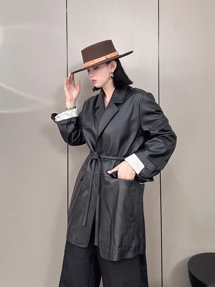 Elegant Office Ladies Genuine Leather Suit Jacket Single Button Loose Fit High Waist Medium Long Fashion Women Sheepskin Coat