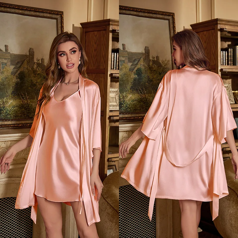 Two Piece Bathrobe Gown Suit Women Nighty&Robe Set Nightgown Lingerie Summer Lady Silky Satin Kimono Sleepwear Home Clothes