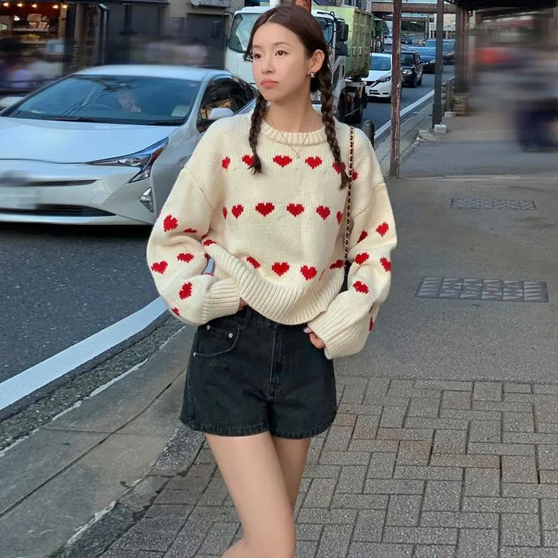 Korean style fashionable love jacquard sweater for women 2024 autumn and winter new style lazy style loose long-sleeved pullover