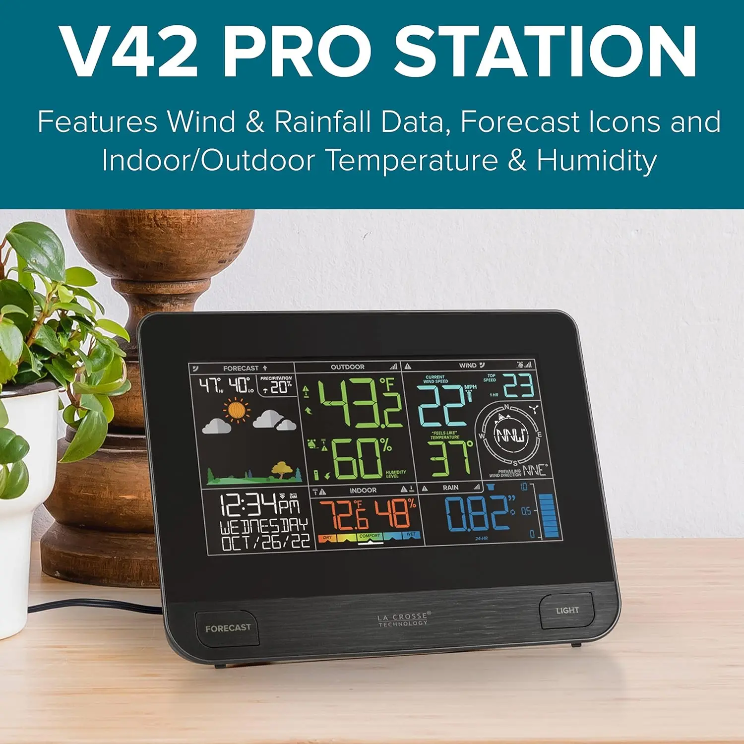 Smart Wi-Fi Weather Station with Remote Monitoring (400 Foot Range) Wind & Rain Gauges, Temperature & Humidity Sensors