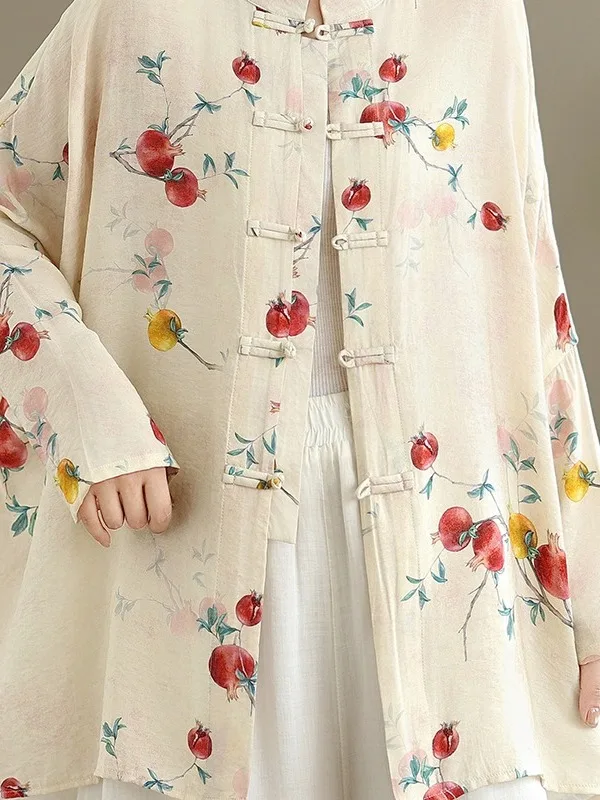 Chinese Style Cotton Linen Long Sleeve Printed Shirt Women's Mid-Length Outerwear Button-Up Cardigan Slim Fit Stand Collar Top 5