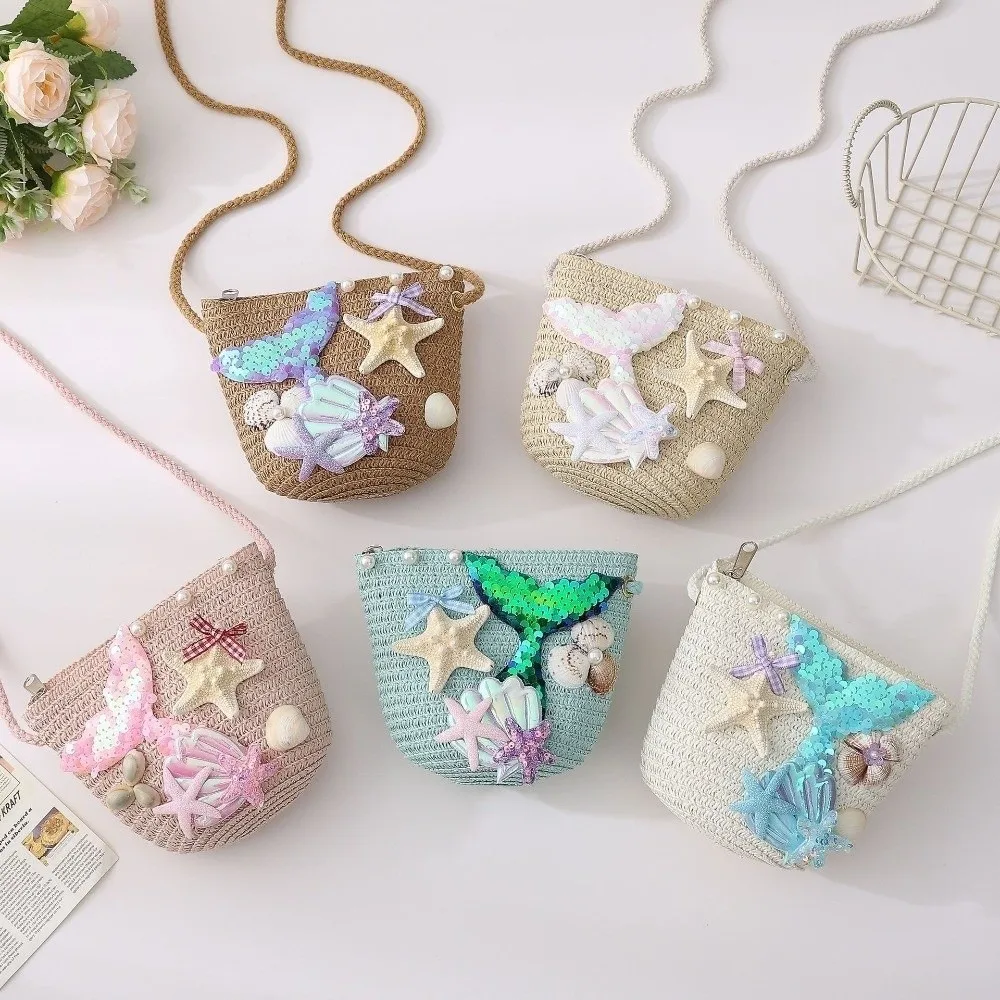 Fashionable Match Straw Woven Mermaid Crossbody Bag Breathable Durable Shoulder Bag Cartoon Sequins Slant Cross Bag Cartoon