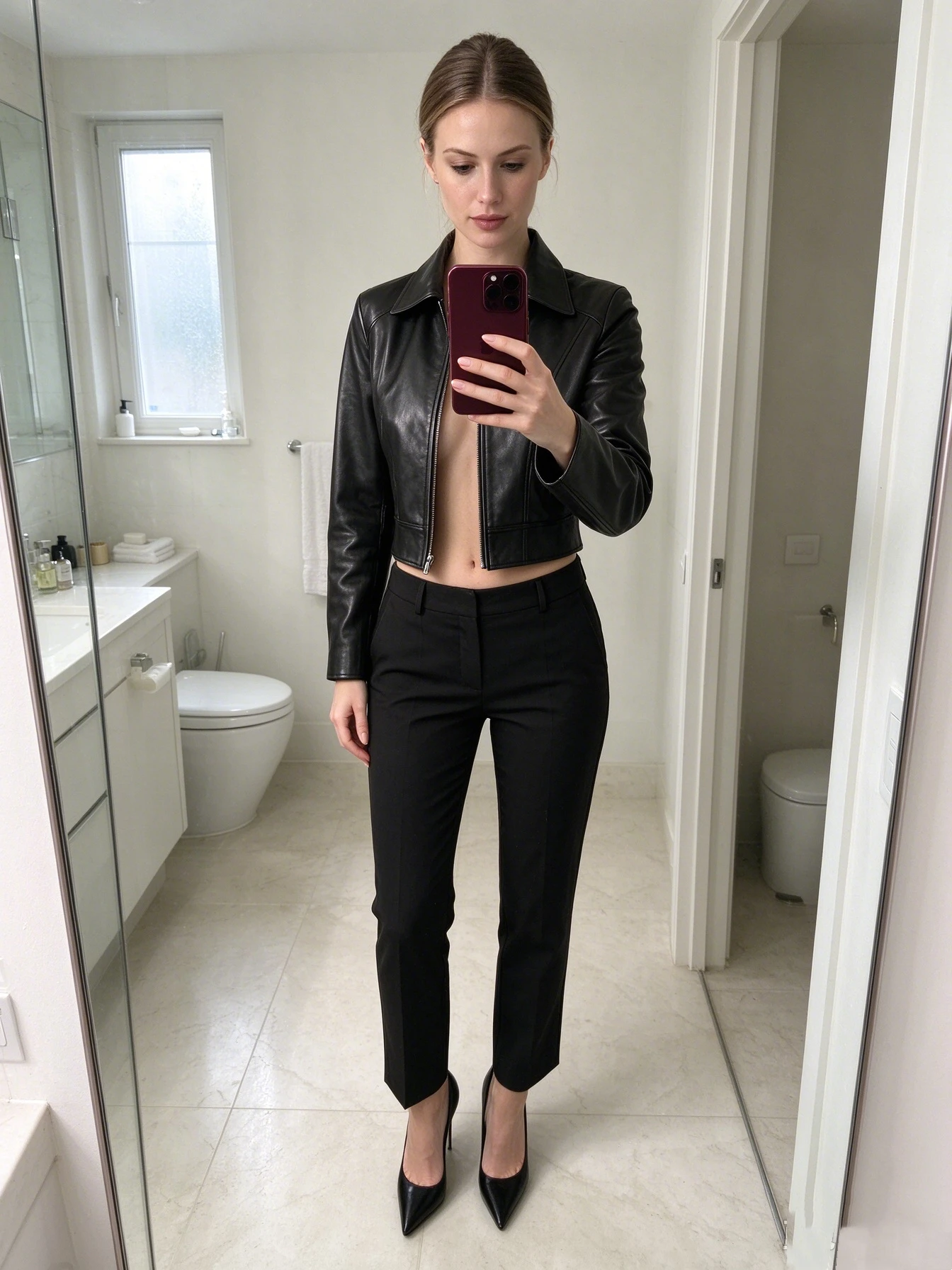 Women's Faux Leather Cropped Moto Jacket with Stand Collar and Zipper Pockets