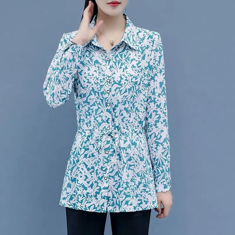 Pendolarismo camicia stampata con fiori spezzati primavera autunno manica lunga elegante fiocco con coulisse abbigliamento donna camicetta monopetto