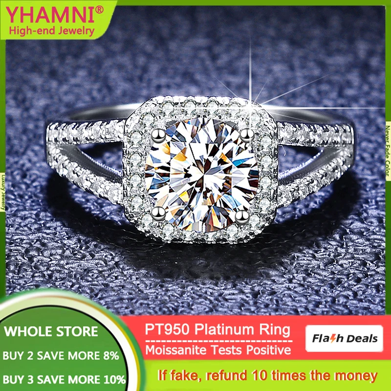 YHAMNI 100% PT950 Platinum Rings 1ct Round D Color VVS1 Moissanite Diamond Eternal Rings Wedding Accessories for Women