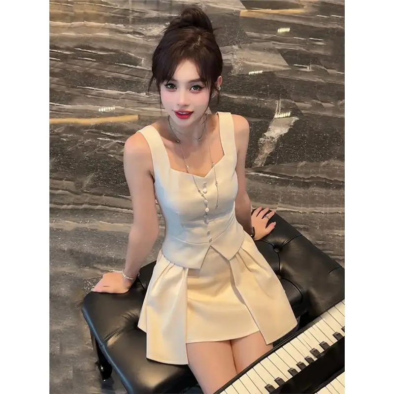 

Summer Pure Desire High-End Feelings Set Square Collar Sleeveless Top Short Skirt Two-Piece Suit Non-Repeating Style Women's ...