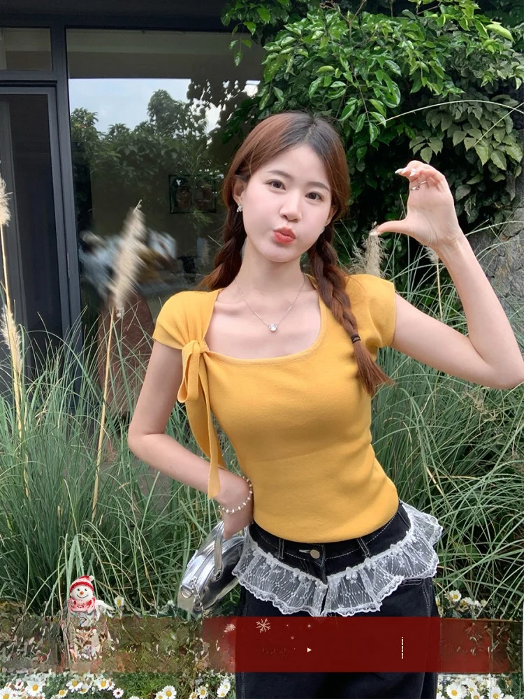 

Su San San Thin Ultra Beautiful Knitted ort Sve Square Collar T-irt Yellow Slim Fit Top Korean Sle Summer New Arrival