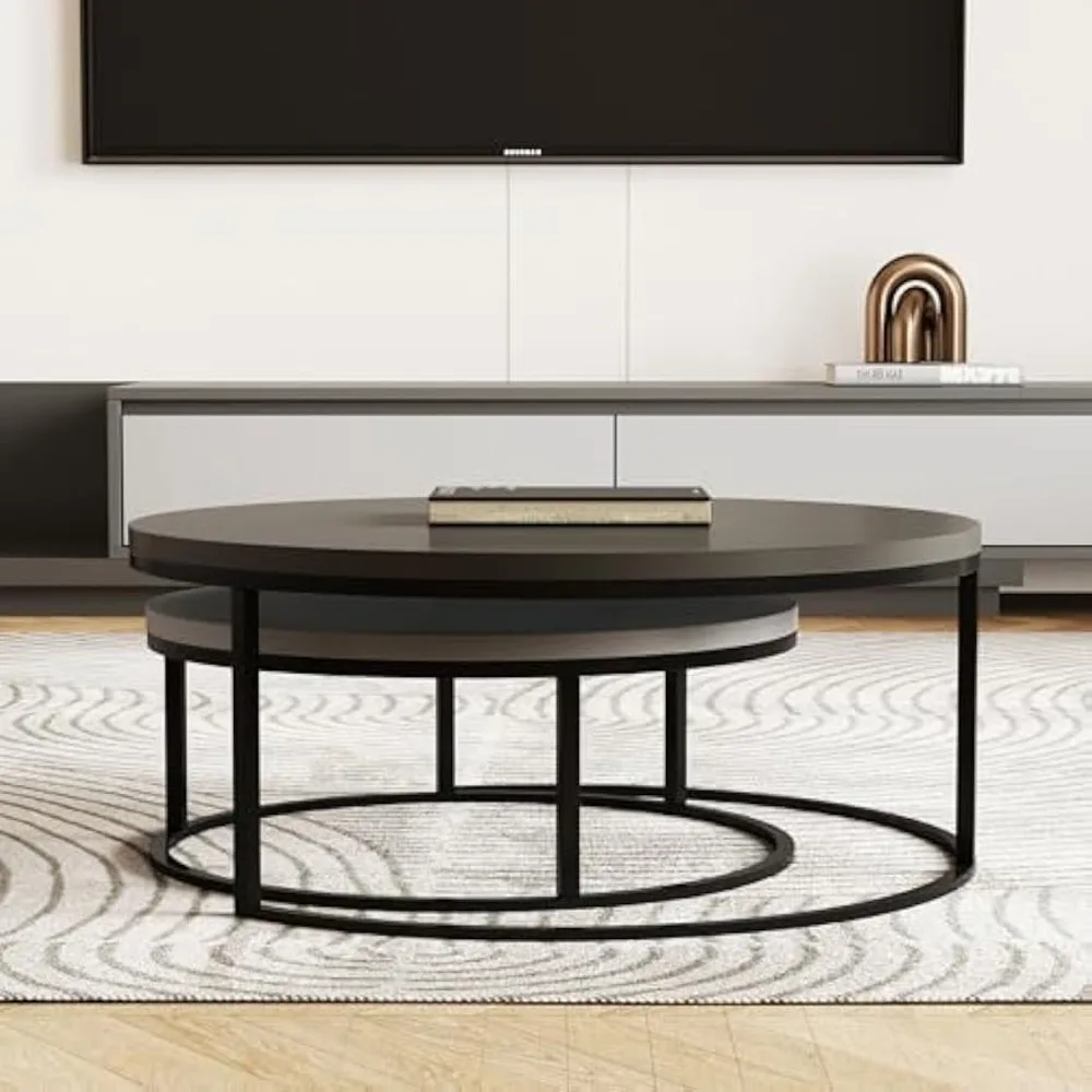 Conjunto de mesa de centro redonda, mesas de coquetel aninhadas com pernas de metal preto, cinza escuro/cinza claro, fácil montagem, 31,5/23,7 Inc