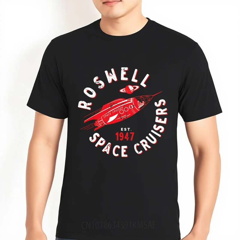 تي شيرت نسائي صيفي أسود من Roswell Space Cruisers تم إنشاؤه في عام 1947 بتصميم صاروخي بأكمام قصيرة تي شيرت برقبة دائرية #1