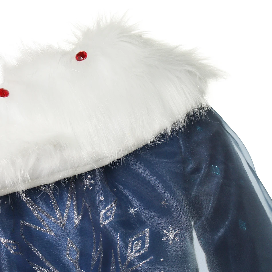 2025 Elsa Blue Snowflake Princess Dress Winter Long Sleeve Fur Collar Snow Queen Costume Girls Carnival Christmas Party Clothes
