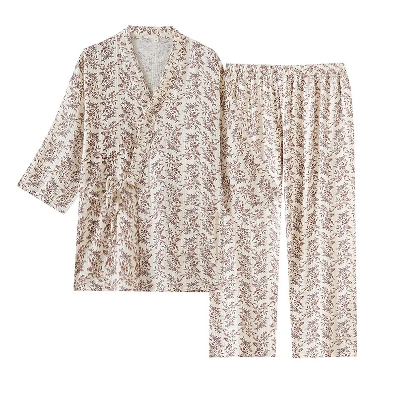 2026 New Floral Pleated Cotton Pajama Set, Chinese Style with Diagonal Placket and Space-Up Design 3/4 Sleeves Outdoor Wear
