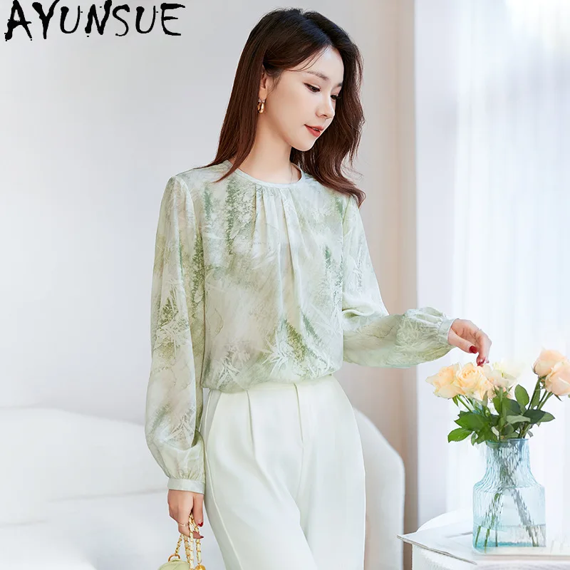 AYUNSUE 100% Real Mulberry Silk Women Tshirt 14MM Silk Shirts for Women Long Sleeve Autumn Print Women Clothing 2026 Ropa Mujer