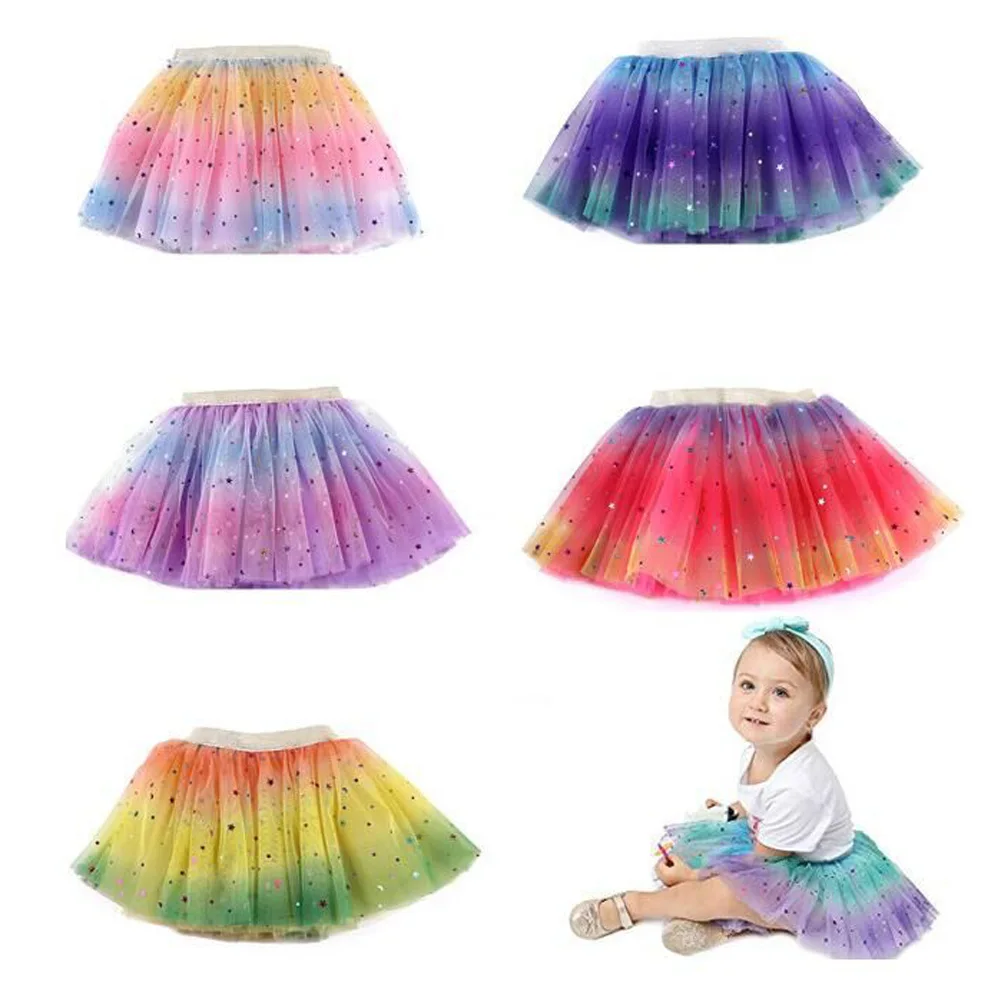 

Girl'S Thin Gauze Five Pointed Star Rainbow Skirt Gauze Short Skirt Rainbow Color Patchwork Multi-Layer Elastic Waist Dress