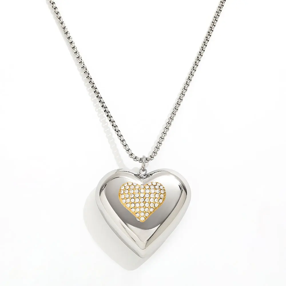 

Joolim Jewelry Wholesale Waterproof&No Fade Fashion Two-tone Love Big Heart Zirconia Pendant Stainless Steel Necklace for Wom
