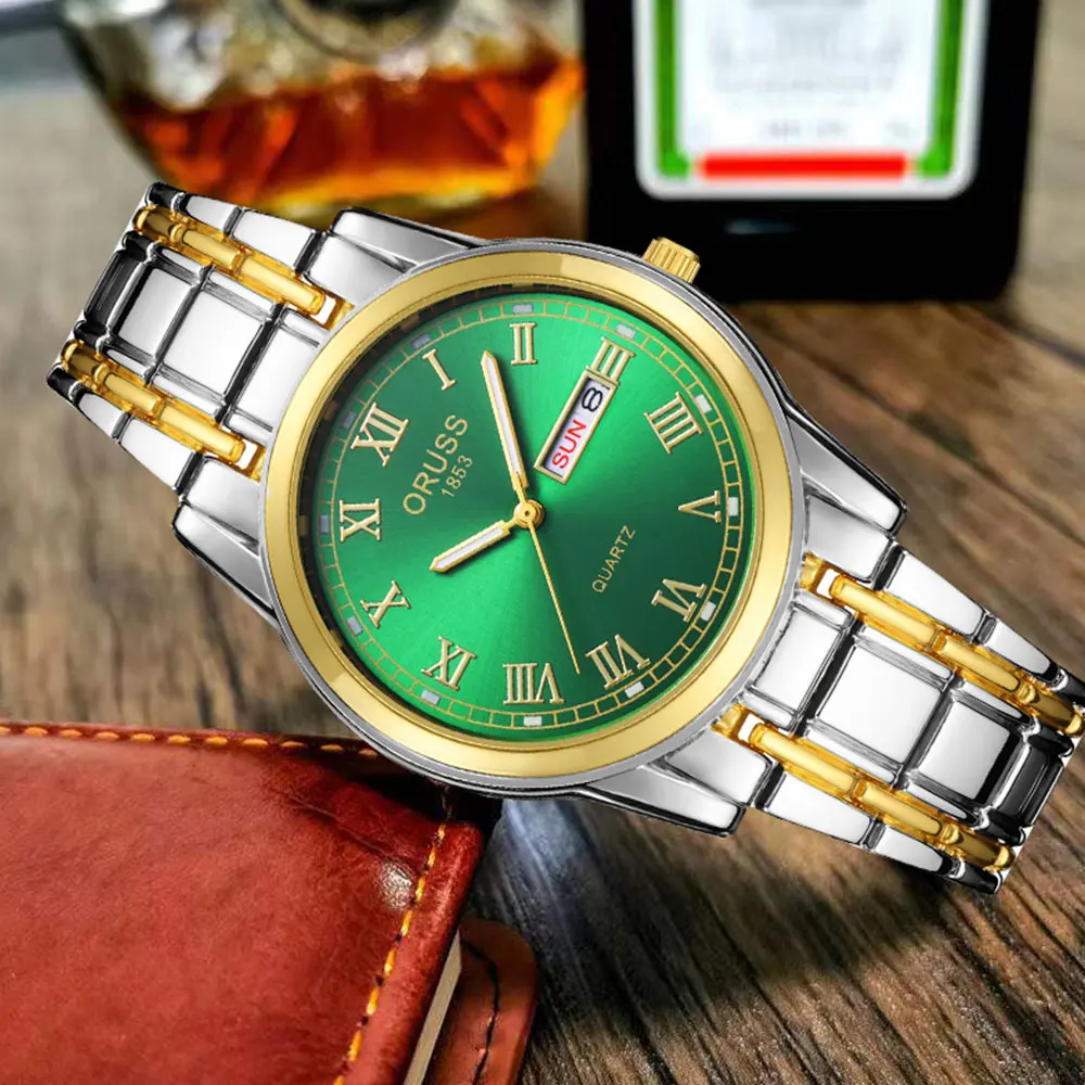 ORUSS популярные брендовые кварцевые часы для мужчин, роскошные светящиеся часы с датой недели, модные деловые водонепроницаемые часы из нержавеющей стали, новые римские мужские часы