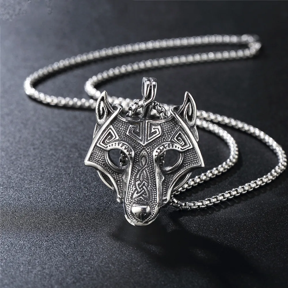 Retro Nordic Celtic Wolf Head Animal Necklace Men's Fashion Punk Trend Cool Jewelry