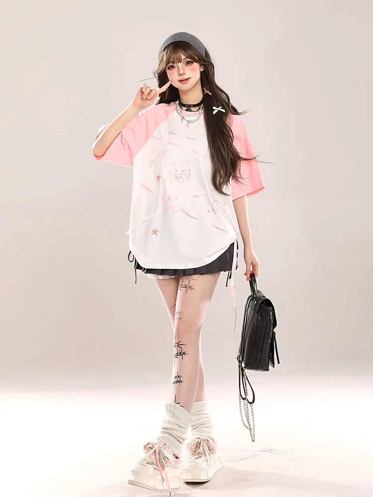 Sweet Cool Girls Y2K Top Cartoon Printed Lace-up Bow Round Collar Short Sleeve Loose Casual All-match T-Shirts Tees Women Summer