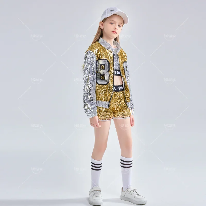 Girls Pink Sequin Crop Tops Shorts Jacket Dancewear Costume Hip Hop Modern Jazz Dance Stage Performance Wear image 5