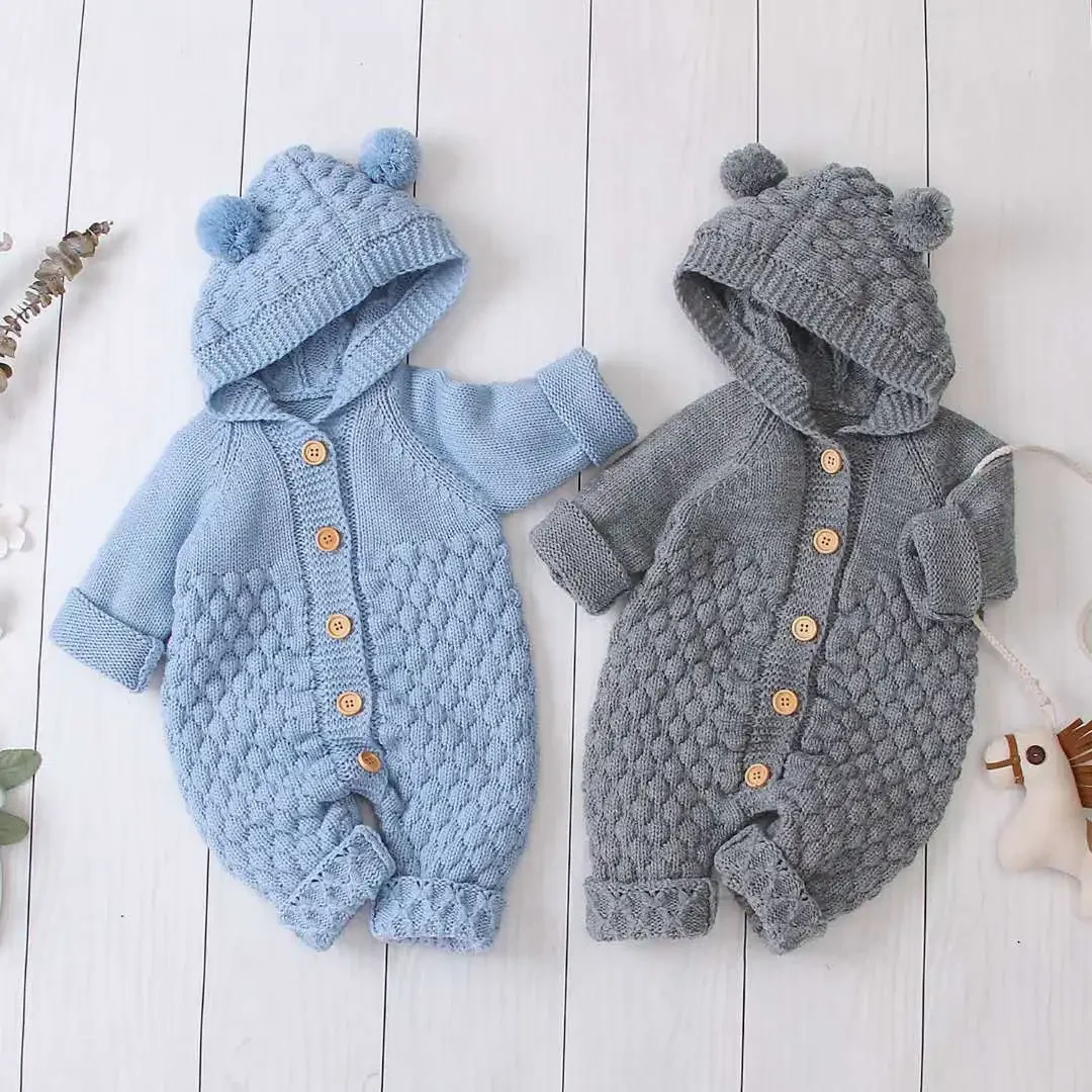 Autumn Winter Newborn Baby Boys Girls Ear Knit Romper Hooded Wool Sweater Jumpsuit Warm Cute Outfit