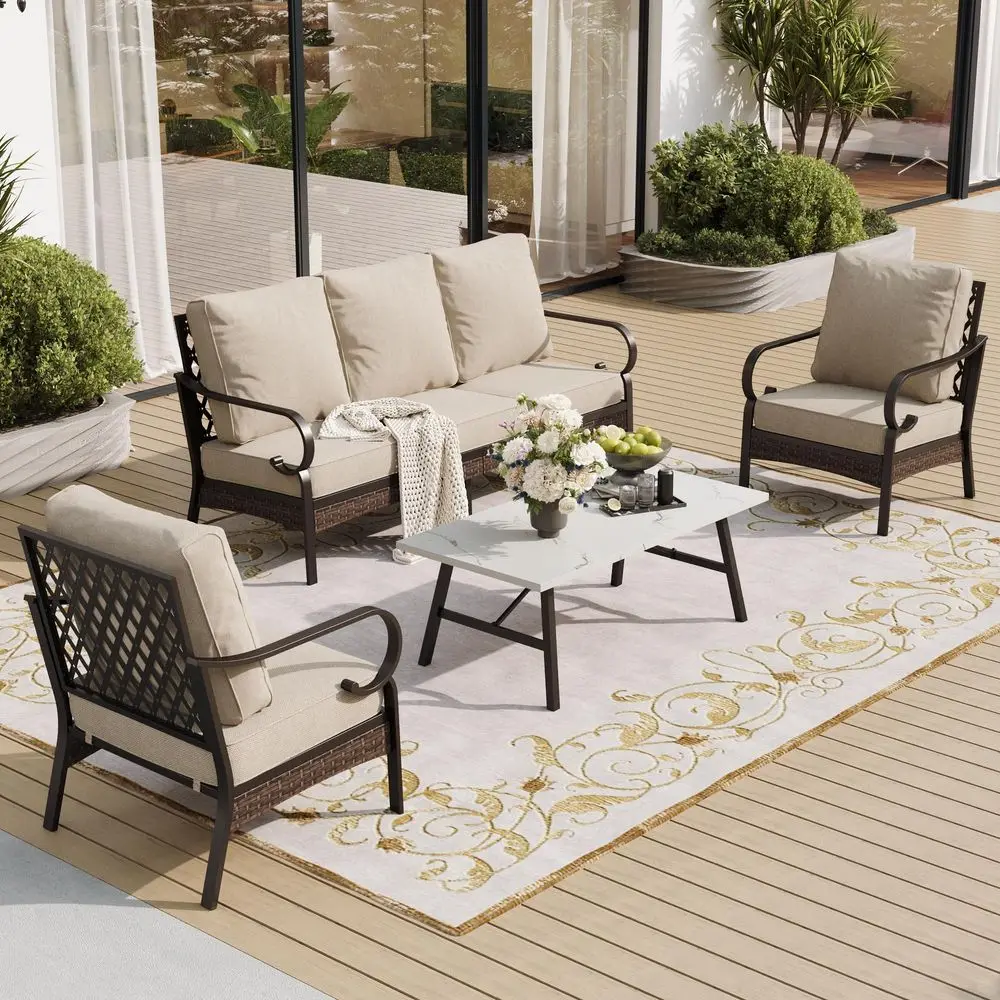 

4 Piece Metal Outdoor Patio Furniture Set, Patio Conversation Sets 1 3Seater Sofa, 2 Chairs with 5.75 Extra Thick Cushion and C