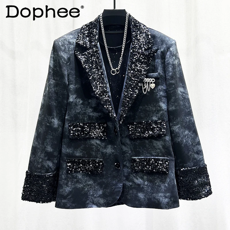 

2024 Autumn Winter New Chic Blazers Sequined Splicing Design Suit Jackets Men's Fashion Loose Handsome Long-sleeved Suit Jacket