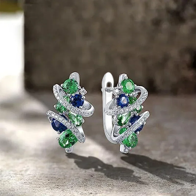 2026 Trendy Hoop Earrings with Bright Green/Blue Zirconia Female Fashion Engagement Jewelry Luxury Silver Color Accessories