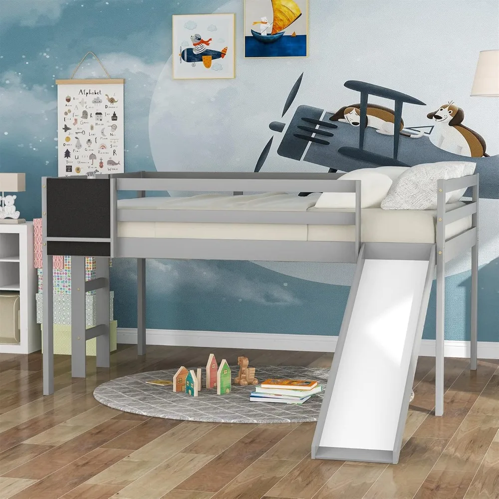 

Full Loft Bed with Slide for Kids Wood Low Loft Bed with Chalkboard, Ladder, Guardrail, Kids Loft Beds Frame (Full, Grey)