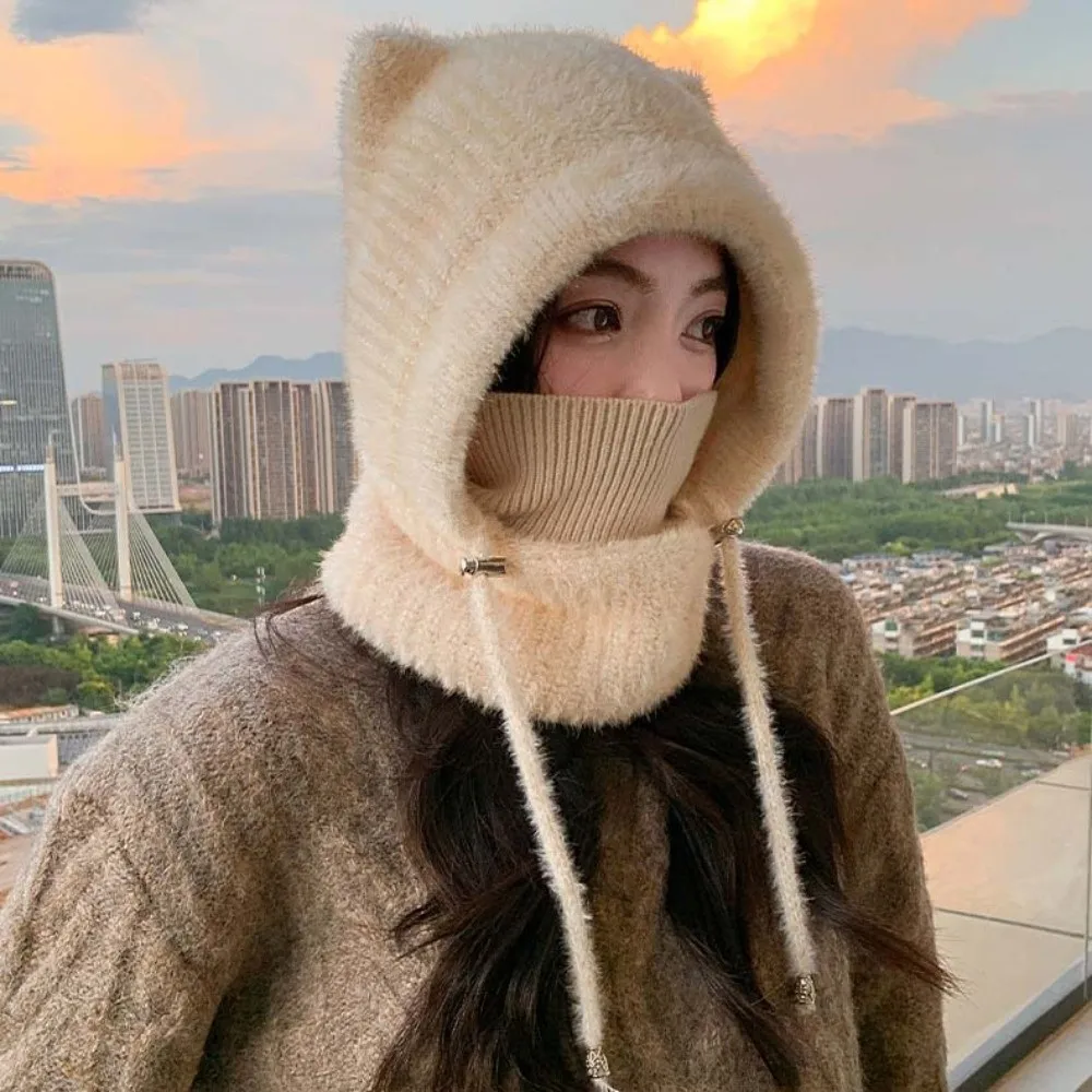 Integrated Winter Hat Windproof Cat Ears Beanie Thickened Crochet Hooded Scarf Hat Cozy Soft Mask Neck Warmer Travel