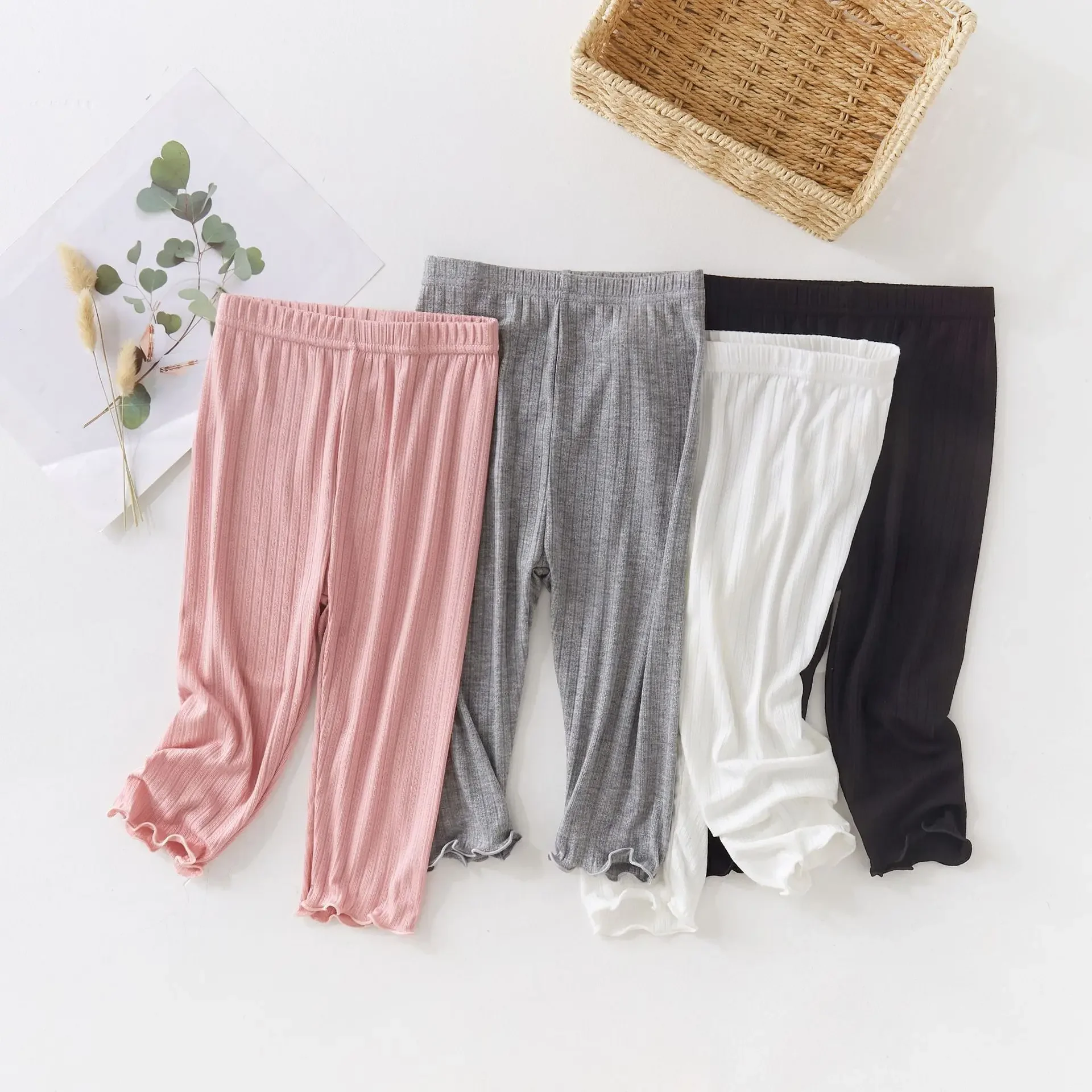 Kids Girl's Capris 2024 Modal Jacquard Summer Leggings Thin Korean Style Cropped Pants Children Leggings Tights Pink White 3-10Y