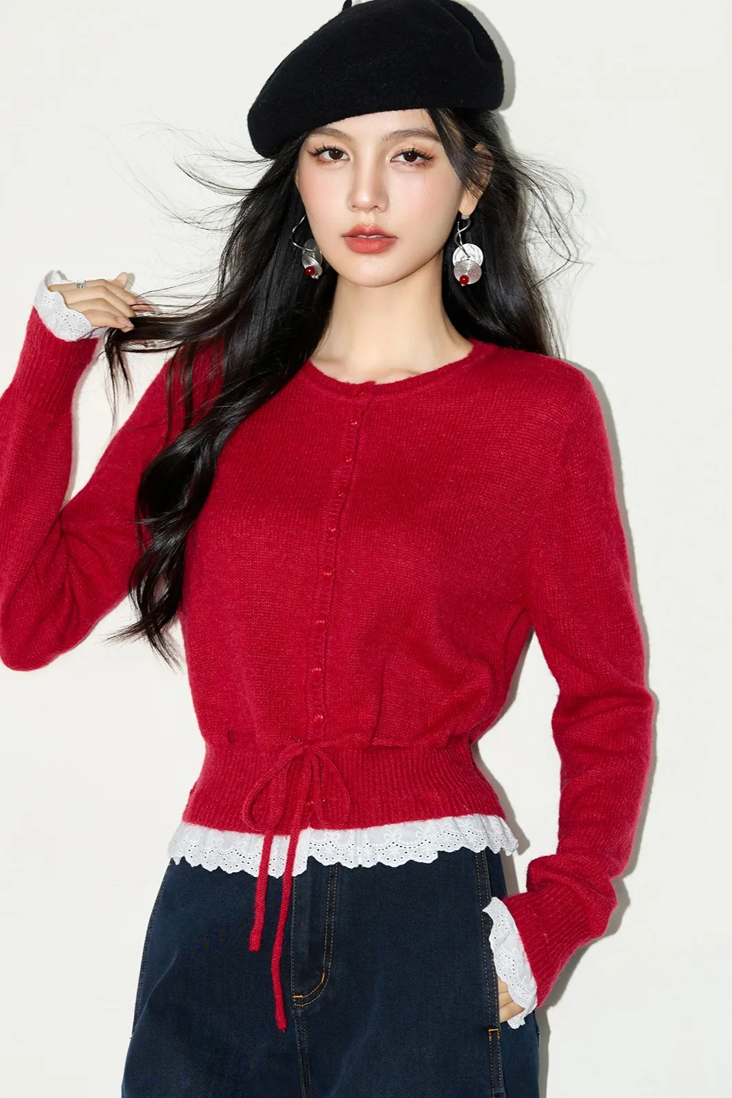 Round Neck Red Knitted Cardigan Women's Spring Autumn Outerwear awl Coat Long Sve ort Length Button Closure Waist Tie Top