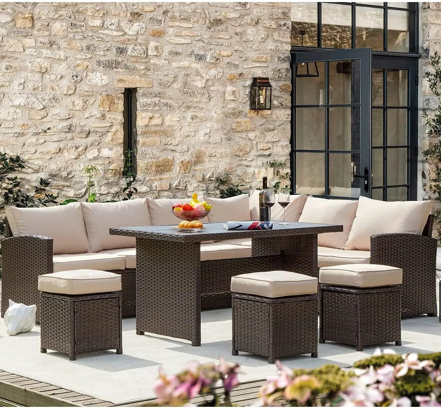 

Outdoor Sectional Sofa Conversation Set All Weather Wicker Rattan Couch Dining Table & Chair with Ottoman, Khaki Cushion