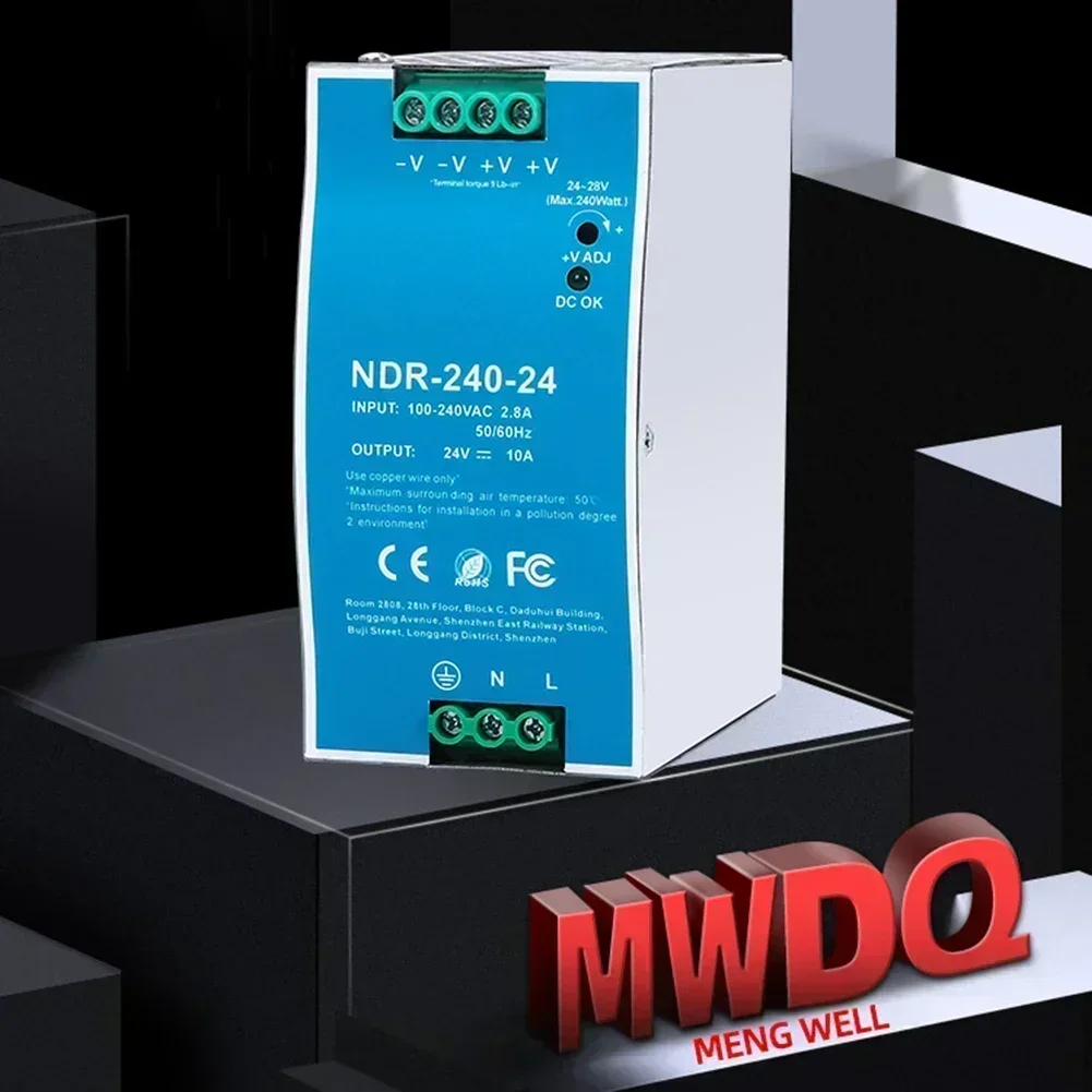 NDR-240-24 Industrial DIN Rail Power Supply Wide 100-240V AC Input Short Circuit Protection For Electrical Automation Systems