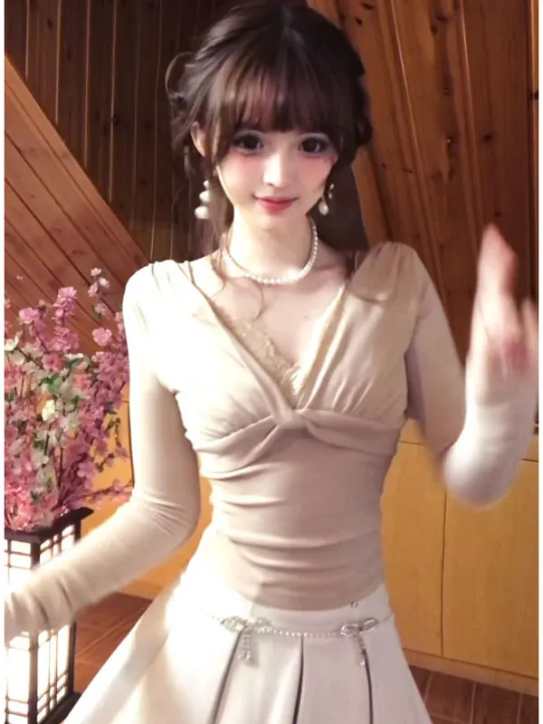 

Элегантный облегающий топ с V-образным вырезом для женщин, осенне-зимний сезон, однотонный, во французском стиле