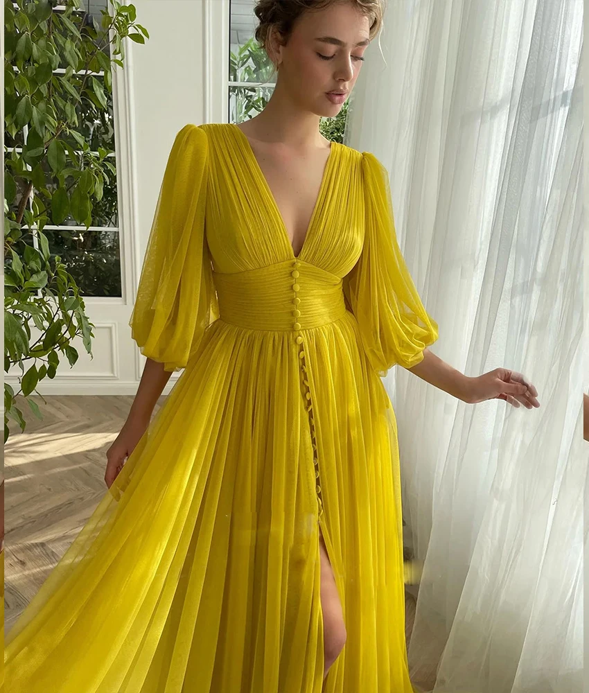 Customized Temperament Tulle A-Line Buttons Evening Dress High Quality V-Neck 3/4 Sleeves Floor Length Party Gowns Custom Made