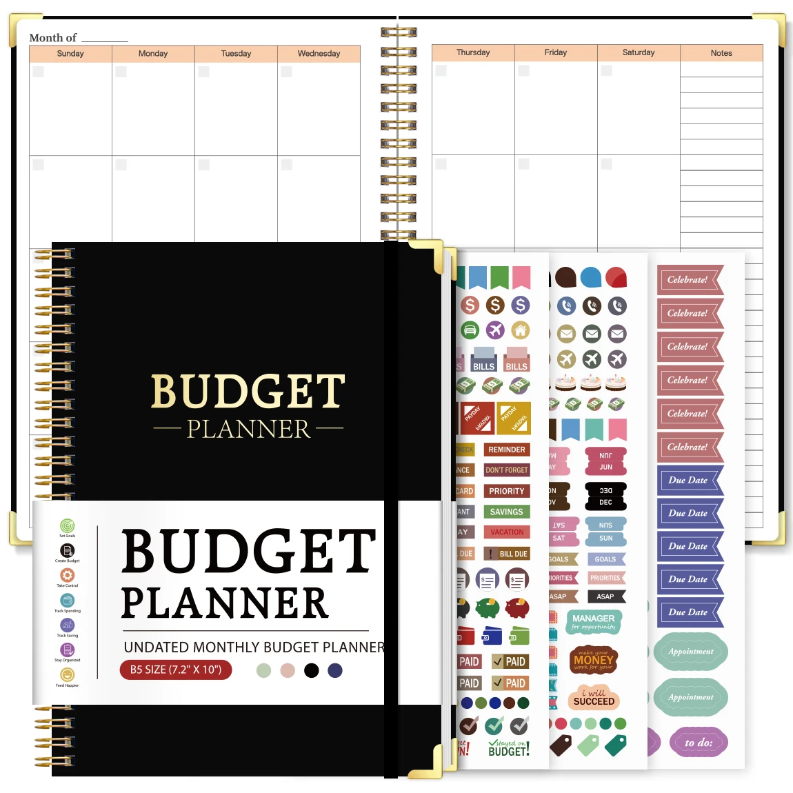 1PC Undated Budget Planner Spiral Bound Monthly Budget Book with Savings Tracker Debt Tracker Expense Log Stickers